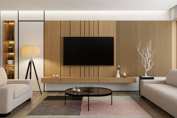 istock Modern TV Room with Pine Wall Paneling and Wall-Mounted TV Screen 2171791026