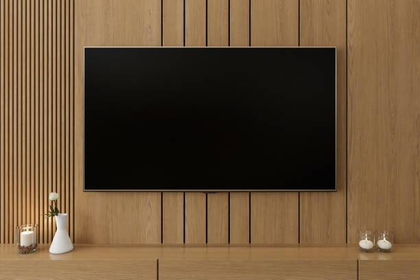 istock Modern TV Room with Pine Wall Paneling and Wall-Mounted TV Screen 2171791028