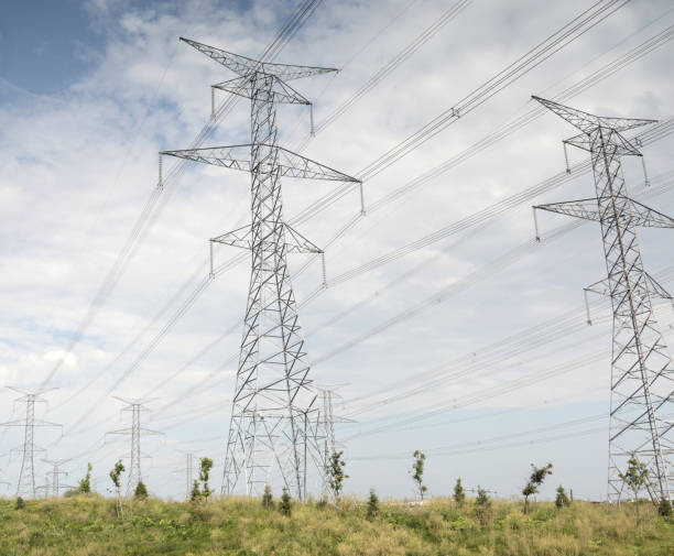 Electrical transmission towers stand in the Halton Region. Summer morning with clouds.