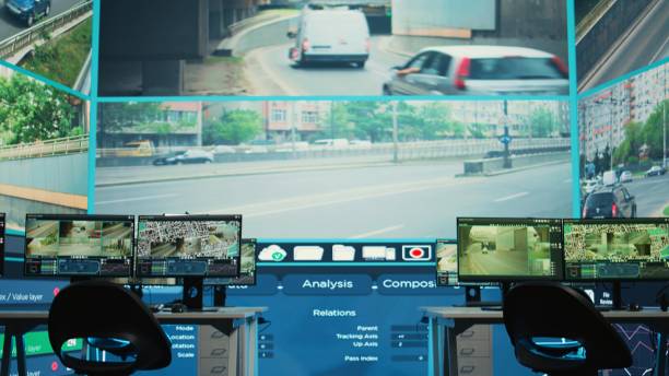 istock Empty monitoring room using a big screen to observe traffic through surveillance 2171799759