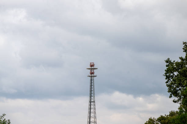 Deutschland, Rheinland-Pfalz, Mutterstadt, 13. September 2024. Ein hoher Funkmast steht neben einer ruhigen Landstrasse, umgeben von Baeumen, unter einem bewoelkten Himmel. Der Mast uebertraegt Daten zwischen Funkstationen oder Radiosendern.