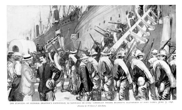 Boarding battleships, U.S. General William Rufus sails with his troops to Santiago, Cuba, on June 7, 1898. Engraving published 1898-99. Original edition is from my own archives. Copyright has expired and is in Public Domain.