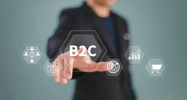 B2C concept, business 2 customer marketing strategy technology. Business shopping supply chain connection, communication feedback, online market, digital Ecommerce. Businessman touch B2C icon screen concepto b2c, tecnología de estrategia de marketing de clientes de negocios 2. compras empresariales, conexión a la cadena de suministro, comunicación, retroalimentación, mercado en línea, comercio electrónico digital. pantalla de iconos b2c táctil