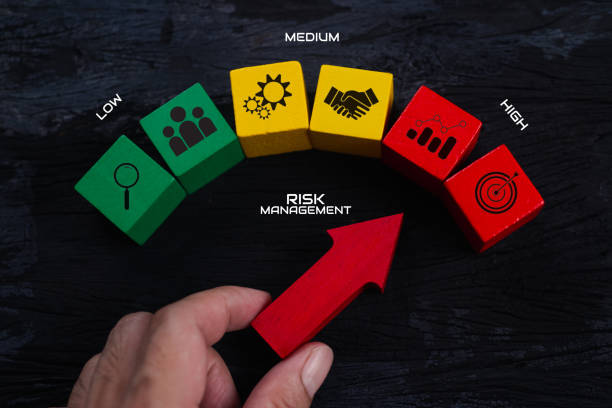 istock Risk management concept. Risk assessment level indicator rating. Business assess measurement. Hand red arrow point on green, yellow color wooden block, low to high icon, black background. Top view 2171858224