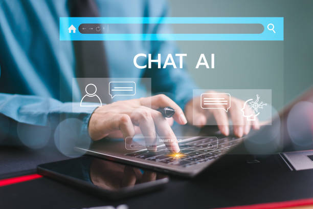 istock Ai chat bot with customer help modern business. Businessman use computer open chat Ai application, Artificial intelligence robot. Mobile app convenient assistance. Conversation prompt generate service 2171858960