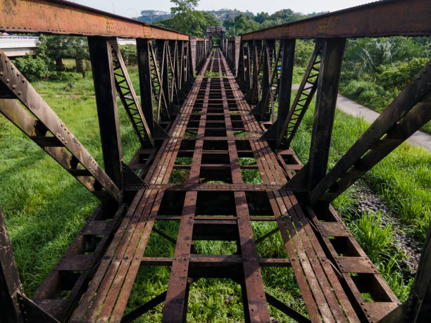 istock Abandoned old rusty railway tracks in a symmetrical view, with grass growing underneath. Pinang Tunggal Old Iron Railway Bridge. 2171863148