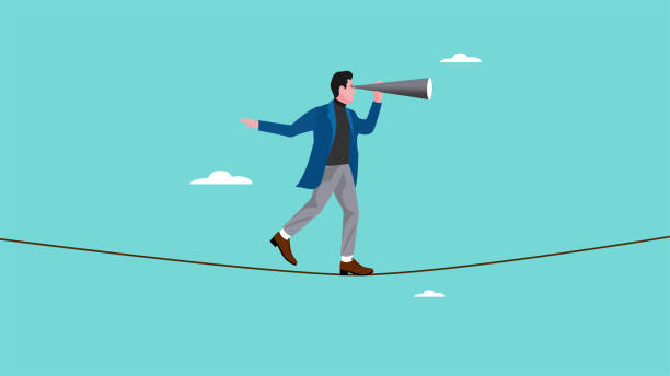 istock Searching for opportunity, Analyze a situation to take action or decision, risk management or investment vision in recession, businessman see through telescope while walking on risky rope 2171866427