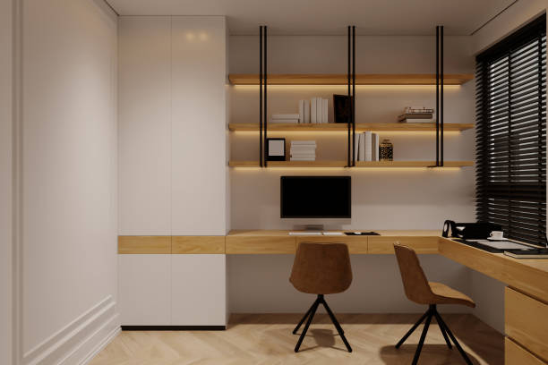 istock An interior design concept for a compact home office in a small spare room with a desk, chairs, shelves, and a computer. 2171869451