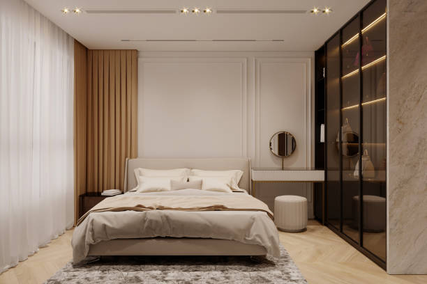 istock Minimalist Beige Bedroom Interior Design Simple Elegance with Bed, Nightstands, and Curtains 2171869479