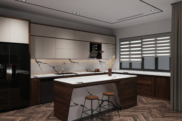 istock Spacious open-plan showcasing a modern kitchen with dark wood cabinets, a marble countertop, and a bar island. 2171870244