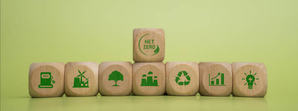 istock Net Zero and Carbon Neutral Emissions Targets, Long-Term Climate Neutrality Strategy with Wooden Blocks and Green Icons 2171870887