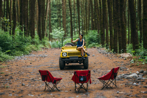 Scenic view of an Asian woman sitting on 80's old-fashioned SUV and selfie towards a pine tree forest in East Java Province - Nature and wilderness hiking concept.