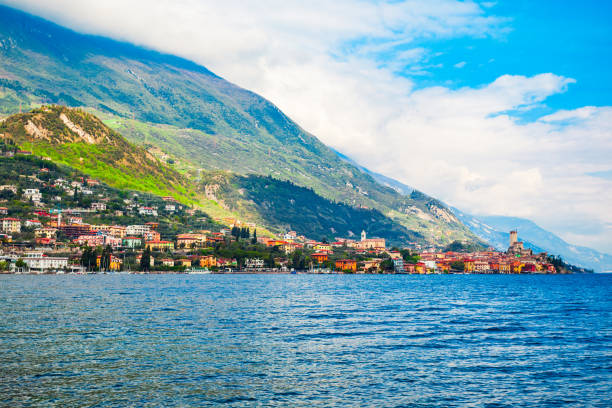 Malcesine aerial panoramic view. Malcesine is a small town on the shore of Lake Garda in Verona province, Italy
