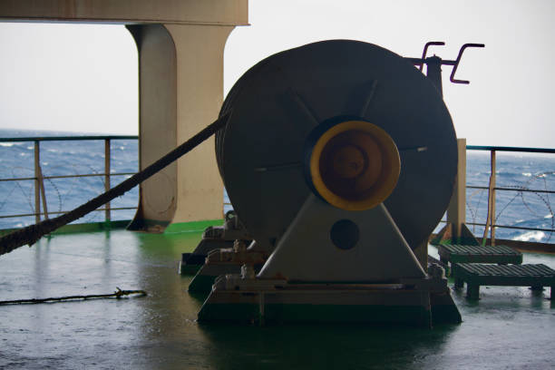 Mooring winch fitted on the deck of a ship