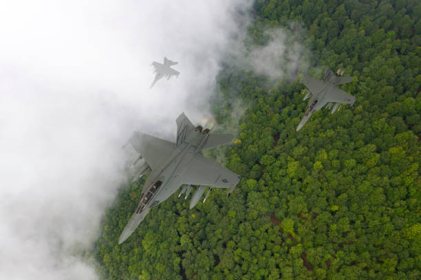Jet fighters flying over forest in a cloudy day.