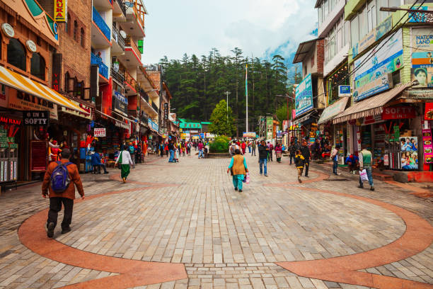 MANALI, INDIA - SEPTEMBER 27, 2019: The Mall is a main pedestrian street in Manali town, Himachal Pradesh state of India