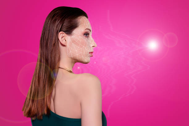 istock Creative digital modern collage of lady look profile side empty space pink background have hologram projection 2171897941