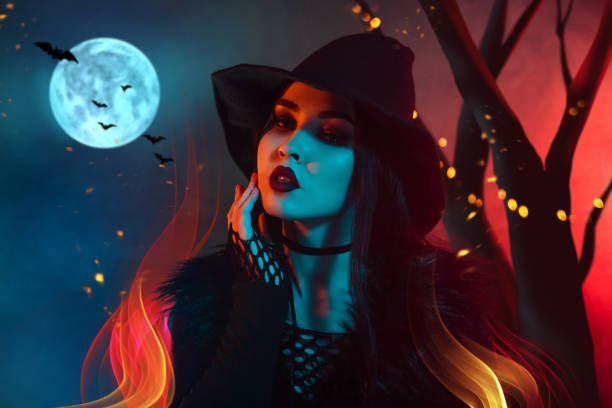 istock Surreal artwork collage of powerful witch touch face tempting on night fire haunted woods full moon picture background 2171898383