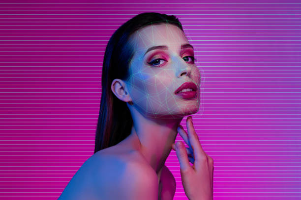 istock Creative web surreal collage of lady touch neck have holographic lines on face over pink neon color background 2171898708