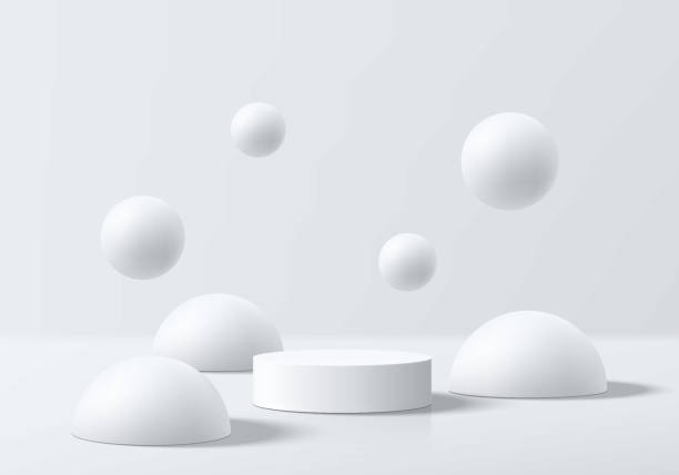 istock Realistic white 3D cylindrical podium background with floating bubbles or bounce ball scene. Minimalist mockup pedestal, abstract product display presentation, Stage showcase. Platforms vector design. 2171899012