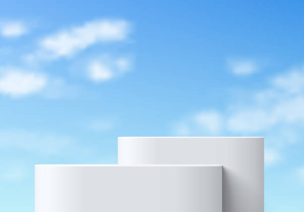 istock Realistic white 3D round podium set background with blue sky, White cloud scene. Minimalist mockup pedestal, Abstract product display presentation, Stage showcase. Platforms vector geometric design. 2171899785