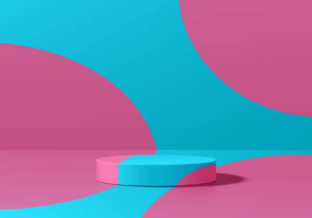 istock Realistic blue and pink 3D cylindrical pedestal podium background with polka dot wall scene. Minimalist mockup pedestal, Abstract product display presentation, Stage showcase. Platforms vector design. 2171899790