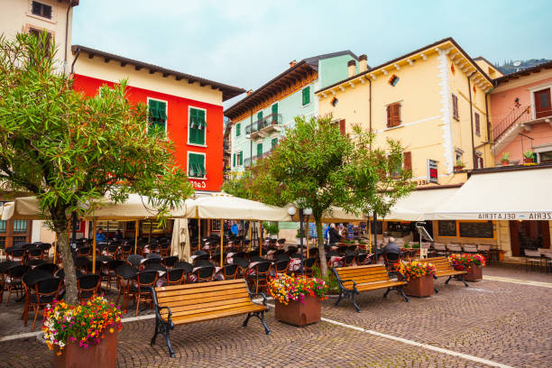 MALCESINE, ITALY - APRIL 13, 2019: Malcesine old town on the shore of Lake Garda in Verona province, Italy