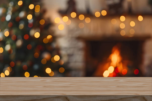 istock Empty table in front of christmas tree with decorations background. For product display montage in winter with snow. Merry Christmas concept. 2171906597
