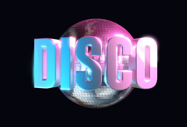 logo disco with silver text in front of a mirror ball - 3D rendering - black background