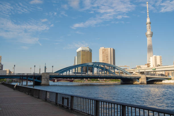 Tokyo riverside viewpoint including famous tower such as Tokyo Skytree and Asahi Beer Hall shown along with Sumida River, It is a river that flows through central Tokyo