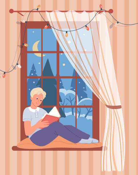istock Boy sitting on windowsill and reading book. Teenager against window with winter landscape. Window decorated with Christmas garland, cozy holidays. Merry Christmas! Vector illustration. 2171932148