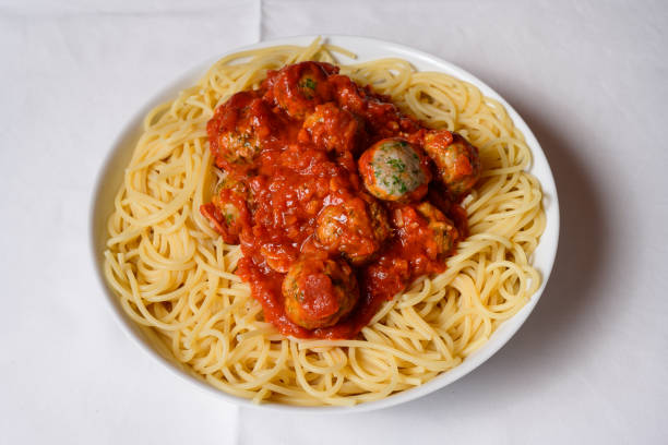 Spaghetti with Meatballs and Spicy Tomato Sauce American Style Paste