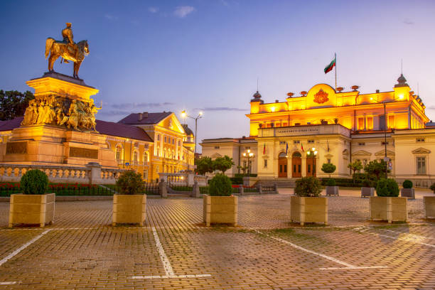 The Monument to the Tsar Liberator and the National Assembly of Bulgaria at sunrise in Sofia