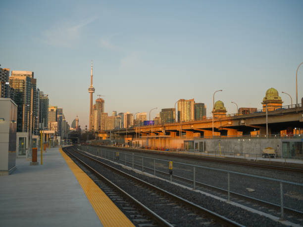 Railway station in Toronto, Ontario with Toronto tower on the background