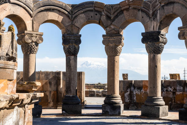 istock colonnade in Zvartnots Cathedral and mountain 2171956131