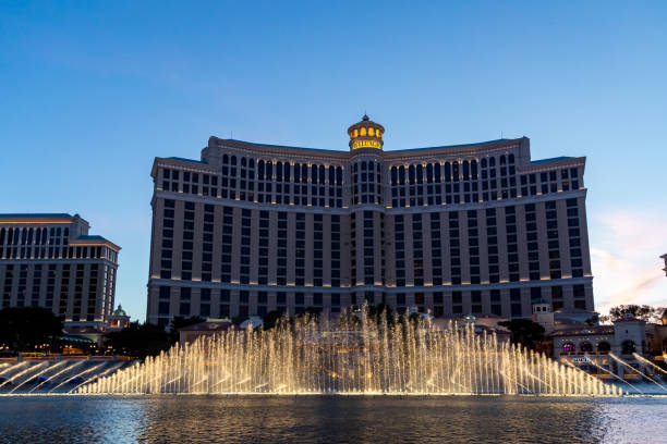 Las Vegas. USA. September.16.2022. Beautiful view of Bellagio fountains and illuminated hotel at night with water motion blur.