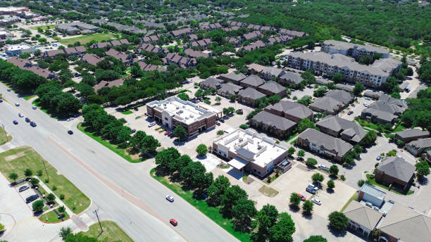 istock Apartment complex in mixed-use development area along Keller Parkway, Farm to Market Road 1709 with commercial building, restaurants, residential houses in Keller, Texas, suburbs Dallas, aerial 2171964549