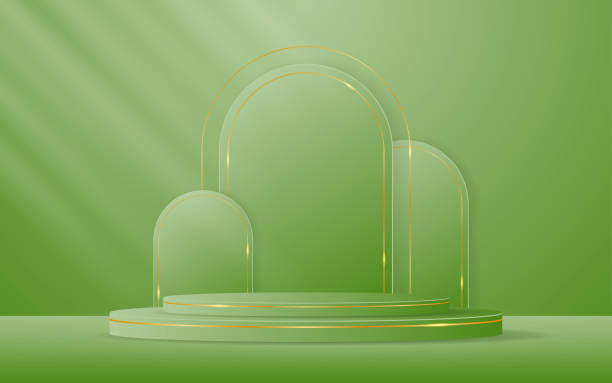 istock Green podium with green curved border and gold lines on the back for product presentation 2171967593