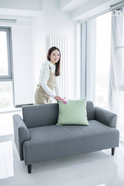 istock Asian woman cleaning sofa with lint roller 2171969718