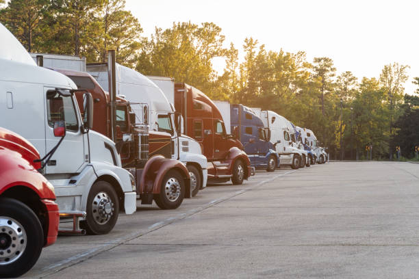 istock Semi-trucks lined up neatly at a rest stop during golden hour, showcasing a diverse range of truck models ready for the long haul. 2171978493