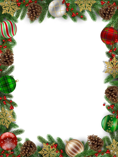 istock christmas frame with pine branches, christmas balls, pine cones, berries and gold snowflakes 2171983546