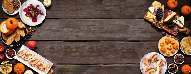 istock Autumn theme appetizer double border against a dark wood banner background 2171988519
