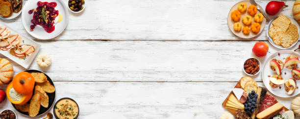 istock Fall theme appetizer double border against a white wood banner background 2171988539