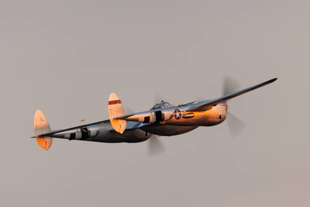 istock Very close tail  view  of P38 Lightning (WWII American fighter plane) in beautiful sunset light 2171991717