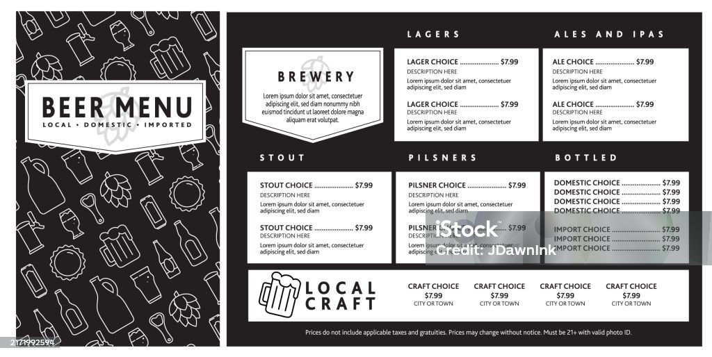 Beer List Layout Brewery Bar Restaurant Beer Menu Design Template With Beer Themed ...