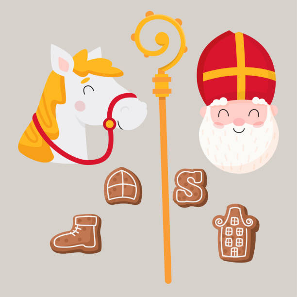 stockillustraties, clipart, cartoons en iconen met saint nicholas or sinterklaas holiday symbols - vector illustration isolated - sinterklaas