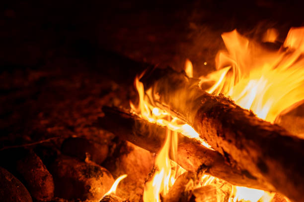 The campfire crackles and glows brightly at night, casting flickering light on nearby rocks and logs.