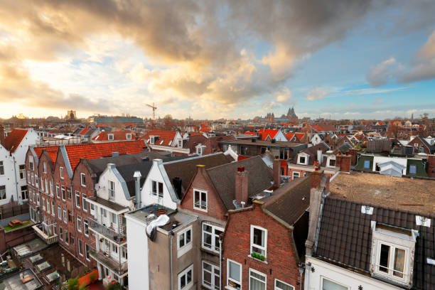 Amsterdam, Netherlands view of the cityscape from De Pijp at dusk.