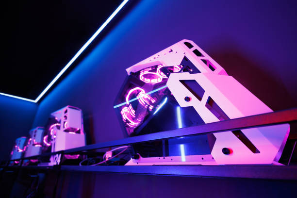 istock Professional gaming computer with neon backlight with headset in the computer club for gamers. 2172003552