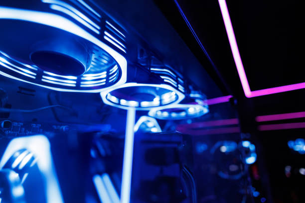 istock Professional gaming computer with neon backlight with headset in the computer club for gamers. 2172003959
